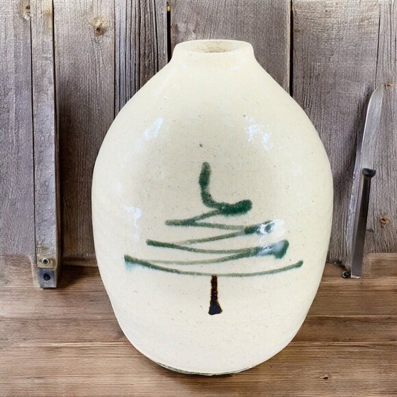 Vintage Folk Art Pottery Crock Bud Vase USA Pottery Vessel With Christmas Tree - Picture 1 of 12